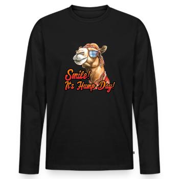 Lächeln, es ist Buckeltag, Mittwoch, Kamelbuckelta - Männer Premium Bio Langarmshirt - Schwarz - Vorne - Nico (187cm)
