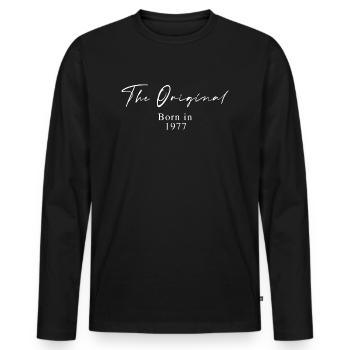 The Original – Born 1977 Script Typography - Men's Premium Organic Long Sleeve Shirt - black - Front - Nico (187cm)