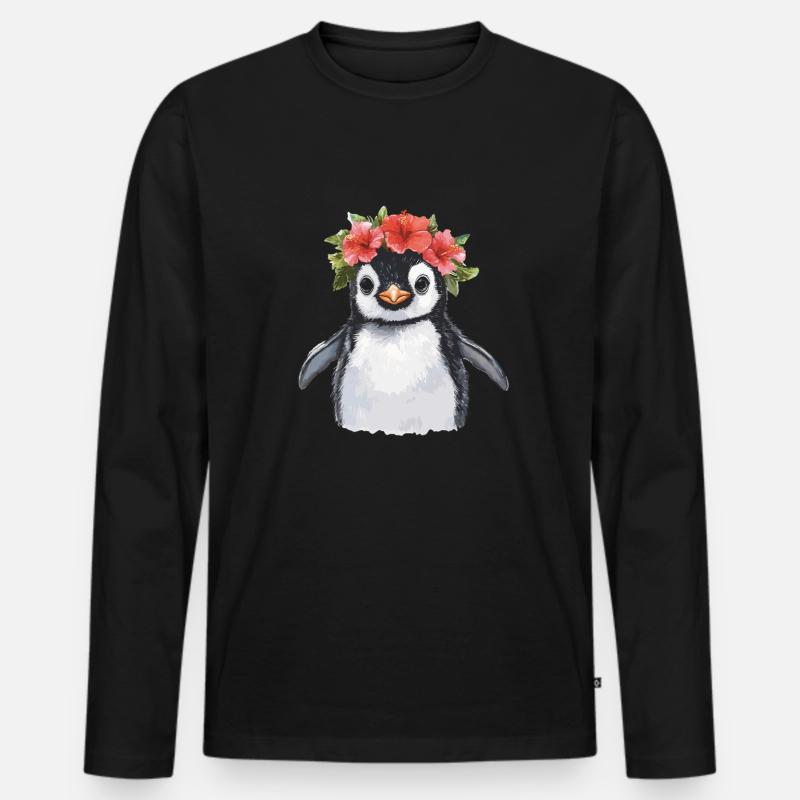 Pinguin mit Blütenkranz - Männer Premium Bio Langarmshirt - Schwarz