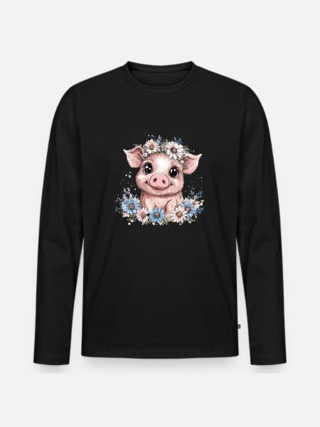 Schwein mit Blumenkranz - Männer Premium Bio Langarmshirt - Schwarz