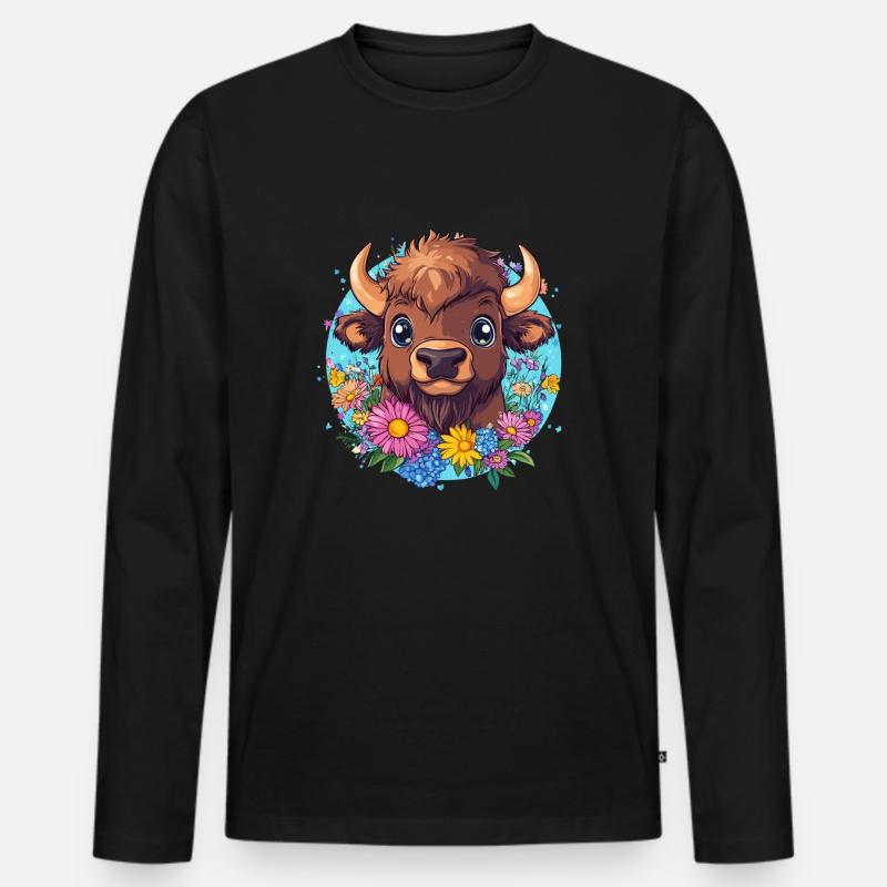 Bison mit Blumenkranz - Männer Premium Bio Langarmshirt - Schwarz