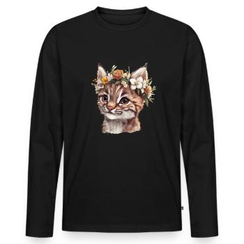 Wildkatze mit Blumenkranz - Männer Premium Bio Langarmshirt - Schwarz - Vorne - Nico (187cm)