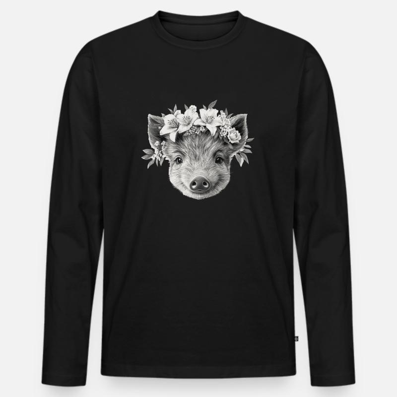 Wildschwein mit Blumenkranz - Männer Premium Bio Langarmshirt - Schwarz