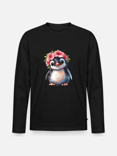 Pinguin mit Blütenkranz - Männer Premium Bio Langarmshirt - Schwarz