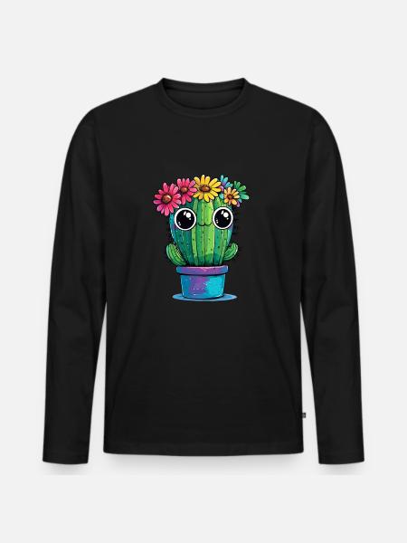 Kaktus mit Blumenkranz - Männer Premium Bio Langarmshirt - Schwarz