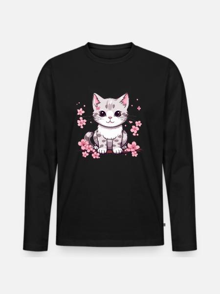 Süße Katze mit Kirschblüten - Männer Premium Bio Langarmshirt - Schwarz