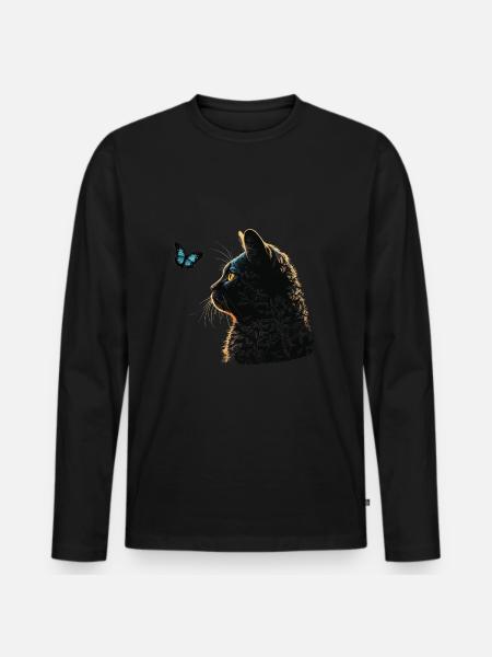Chat et papillon bleu - T-shirt manches longues Premium bio Homme - noir