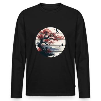 Japan Landscape Red Moon Birds Aesthetic Bonsai - Men's Premium Organic Long Sleeve Shirt - black - Front - Nico (187cm)