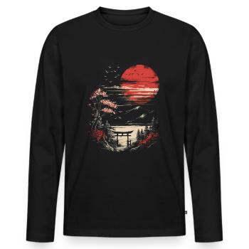 Japan Landscape Red Moon Birds Trees Bonsai - Men's Premium Organic Long Sleeve Shirt - black - Front - Nico (187cm)