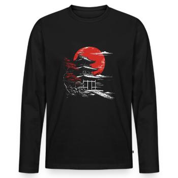 Japan Temple Red Moon Birds Aesthetic Bonsai - Men's Premium Organic Long Sleeve Shirt - black - Front - Nico (187cm)