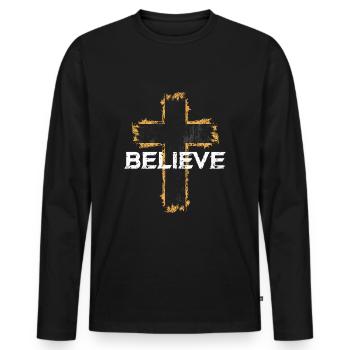 Believe Religion Kreuz Christen Christ Geschenk - Männer Premium Bio Langarmshirt - Schwarz - Vorne - Nico (187cm)