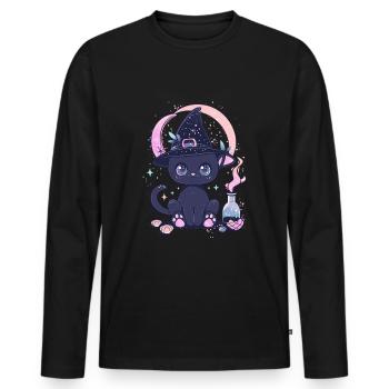 Chat Kawaii Sorcière Pastel Goth Halloween - T-shirt manches longues Premium bio Homme - noir - Devant - Nico (187cm)