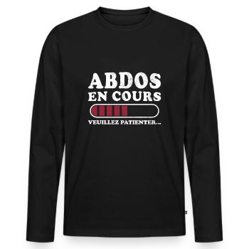 Bauchmuskeln in Arbeit, bitte warten - Männer Premium Bio Langarmshirt - Schwarz - Vorne - Nico (187cm)