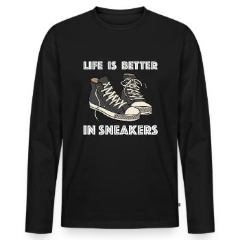 In Sneakers ist das Leben besser | Schuhe, Mode - Männer Premium Bio Langarmshirt - Schwarz - Vorne - Nico (187cm)