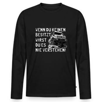 Unimog - Oldtimer - Offroad - Universal Motorgerät - Männer Premium Bio Langarmshirt - Schwarz - Vorne - Nico (187cm)