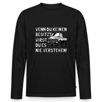 Unimog - Oldtimer - Offroad - Universal Motorgerät - Männer Premium Bio Langarmshirt - Schwarz - Vorne - Nico (187cm)