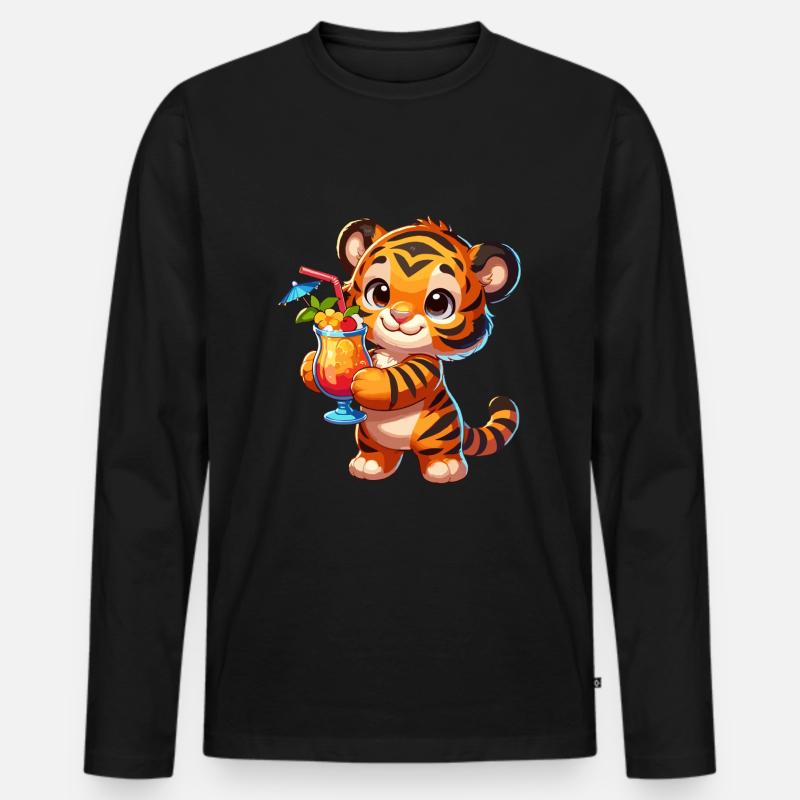 Süßer Tiger mit Drink - Männer Premium Bio Langarmshirt - Schwarz