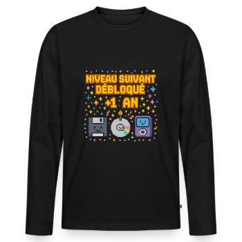 Anniv rétro pixel – Level Up cadeau d'anniversaire - T-shirt manches longues Premium bio Homme - noir - Devant - Nico (187cm)