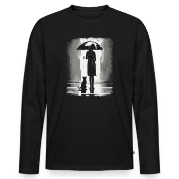 Woman and cat waiting under umbrella in the rain - Men's Premium Organic Long Sleeve Shirt - black - Front - Nico (187cm)