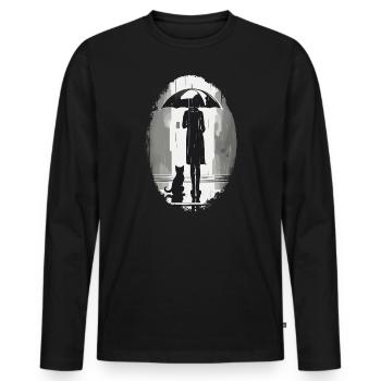 Femme et chat attendant sous un parapluie sous la pluie - T-shirt manches longues Premium bio Homme - noir - Devant - Nico (187cm)