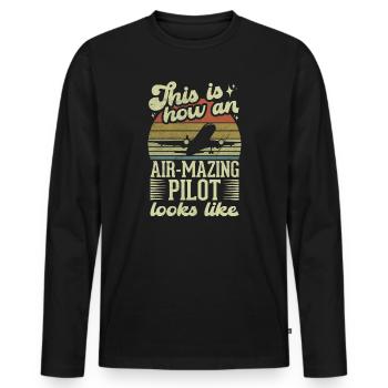Aircraft Pun Airmazing Pilot - Pilote de ligne - T-shirt manches longues Premium bio Homme - noir - Devant - Nico (187cm)