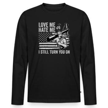 Drôle d’électricien haute tension disant électricité - T-shirt manches longues Premium bio Homme - noir - Devant - Nico (187cm)