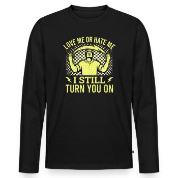 Drôle d’électricien haute tension disant électricité - T-shirt manches longues Premium bio Homme - noir - Devant - Nico (187cm)