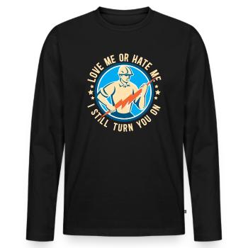 Drôle d’électricien haute tension disant électricité - T-shirt manches longues Premium bio Homme - noir - Devant - Nico (187cm)