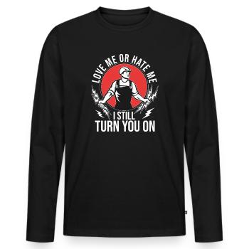 Drôle d’électricien haute tension disant électricité - T-shirt manches longues Premium bio Homme - noir - Devant - Nico (187cm)