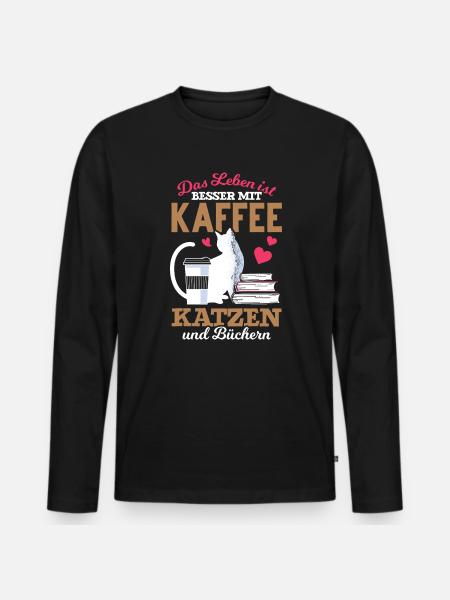 Katze Bücher Kaffee Kaffeetrinker - Männer Premium Bio Langarmshirt - Schwarz