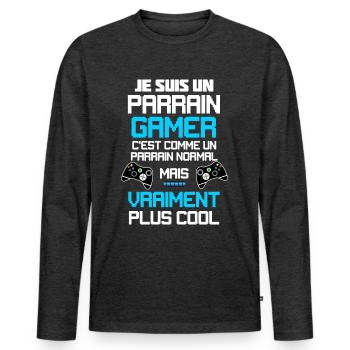 Parrain gamer Jeux Vidéo Citation Drôle - T-shirt manches longues Premium bio Homme - anthracite chiné - Devant - Nico (187cm)