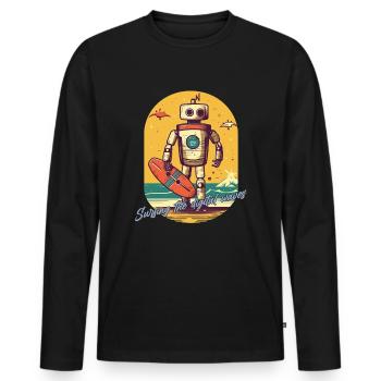 Robotor mit Surfbrett und Schriftzug - Männer Premium Bio Langarmshirt - Schwarz - Vorne - Nico (187cm)
