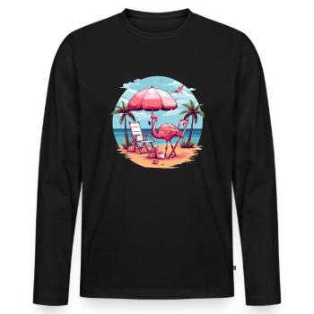 Flamant rose sur la plage - T-shirt manches longues Premium bio Homme - noir - Devant - Nico (187cm)