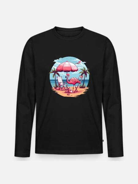 Flamingo am Strand - Männer Premium Bio Langarmshirt - Schwarz