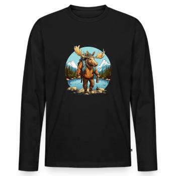Wanderer Elchmit Wanderausrüstung im Wald - Natur - Männer Premium Bio Langarmshirt - Schwarz - Vorne - Nico (187cm)
