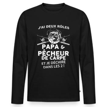 Papa pêcheur de carpe déchire - T-shirt manches longues Premium bio Homme - noir - Devant - Nico (187cm)