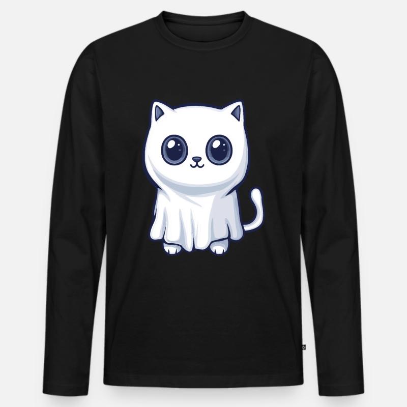 Katze Halloween Comic Geist - Männer Premium Bio Langarmshirt - Schwarz
