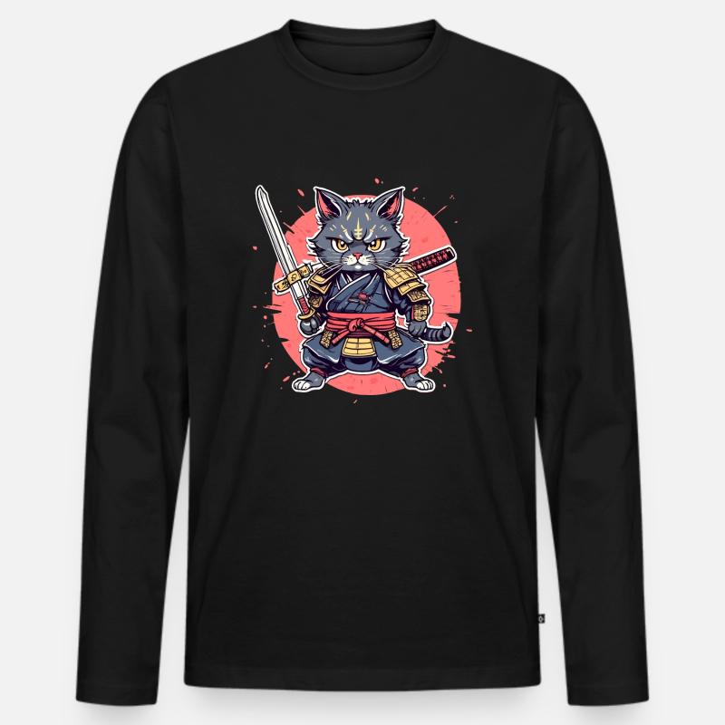 Samurai-Katze #32 - Männer Premium Bio Langarmshirt - Schwarz