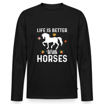 Das Leben Ist Besser Mit Pferden Blume - Männer Premium Bio Langarmshirt - Schwarz - Vorne - Nico (187cm)