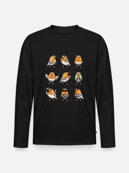 Rotkehlchen Vogel Kawaii Emoticon - Männer Premium Bio Langarmshirt - Schwarz