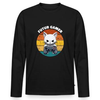 futur gamer chat manette jeux vidéo animé vintage - T-shirt manches longues Premium bio Homme - noir - Devant - Nico (187cm)