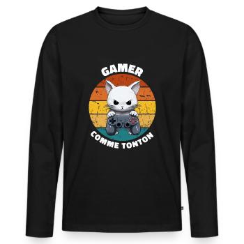 Gamer comme tonton chat manette vintage soleil - T-shirt manches longues Premium bio Homme - noir - Devant - Nico (187cm)