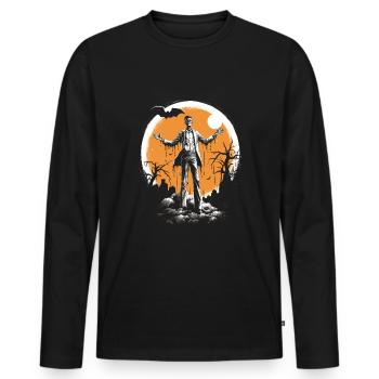 Zombie squelette avec les bras tendus devant la lune - T-shirt manches longues Premium bio Homme - noir - Devant - Nico (187cm)
