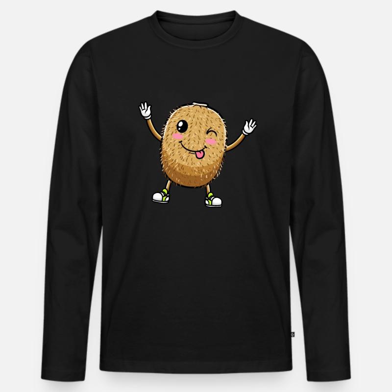 Kiwi Fruit Kawaii Emoticon - Männer Premium Bio Langarmshirt - Schwarz