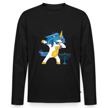 Rainbow Unicorn Yev Menorah Happy Hanukkah - Men's Premium Organic Long Sleeve Shirt - black - Front - Nico (187cm)