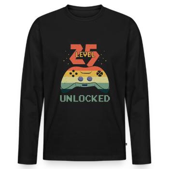 Amateur de jeux vidéo vintage Age 25 Niveau débloqué - T-shirt manches longues Premium bio Homme - noir - Devant - Nico (187cm)