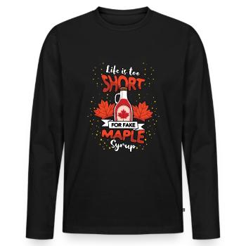 La vie est trop courte pour le faux sirop d’érable - T-shirt manches longues Premium bio Homme - noir - Devant - Nico (187cm)