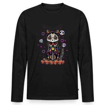 Chat Mexicain Floral Muertos Jour Des Morts Halloween - T-shirt manches longues Premium bio Homme - noir - Devant - Nico (187cm)