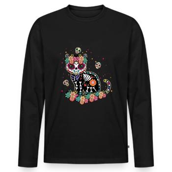 Chat mexicain floral Muertos Jour de la mort Halloween - T-shirt manches longues Premium bio Homme - noir - Devant - Nico (187cm)