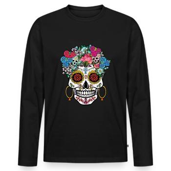 Squelette floral Muertos Jour Des Morts Halloween - T-shirt manches longues Premium bio Homme - noir - Devant - Nico (187cm)